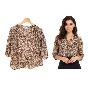 Loft Blouse Women Small Petite Brown Tan Animal Print Ann Taylor Leopard Shirt